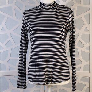 Free Assembly Women's Button Shoulder Mock Neck Ribbed Top, Dark Navy, Size Med